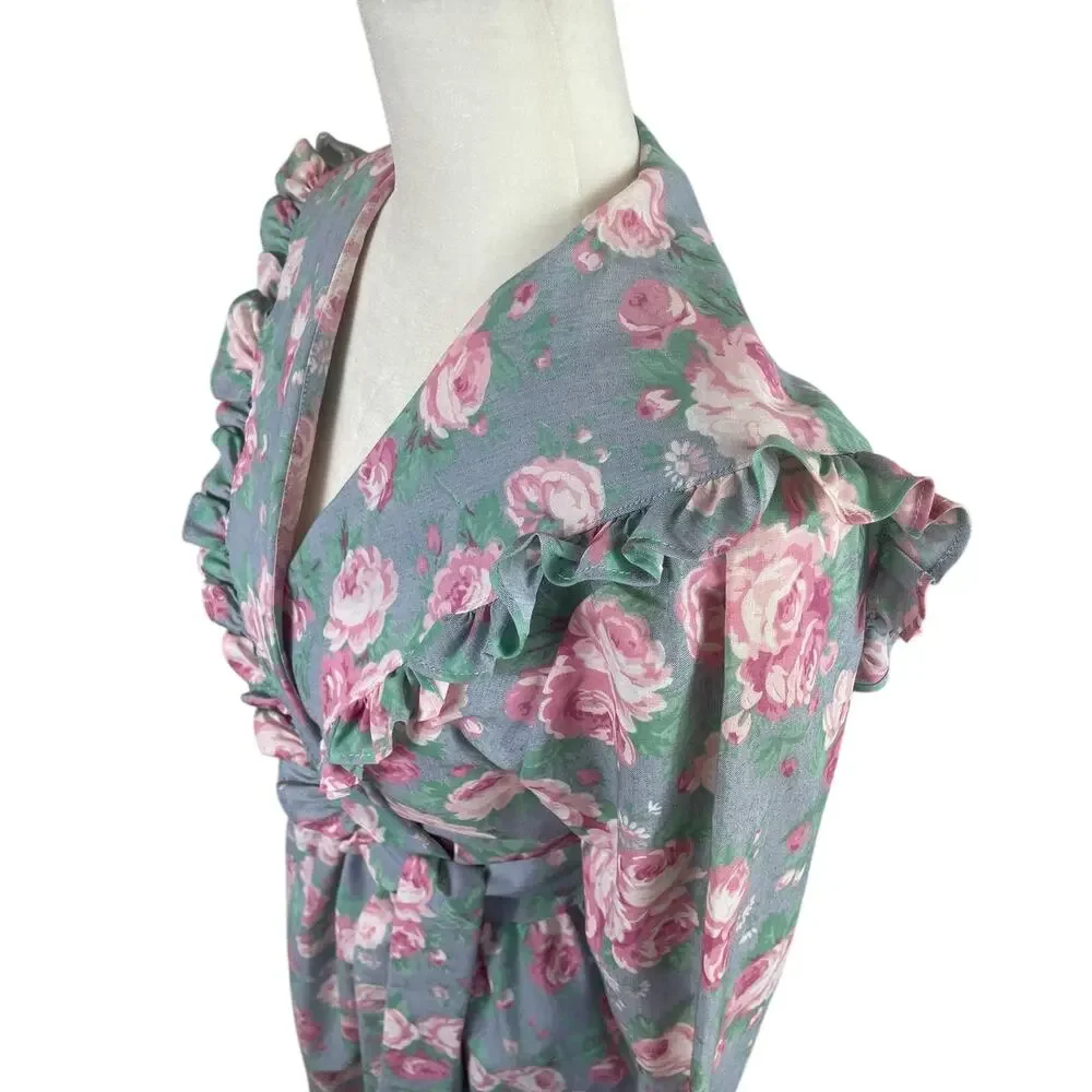 Vintage Komar Floral Robe Housecoat Ruffles Cottage Coquette USA Size Small - Picture 7 of 16